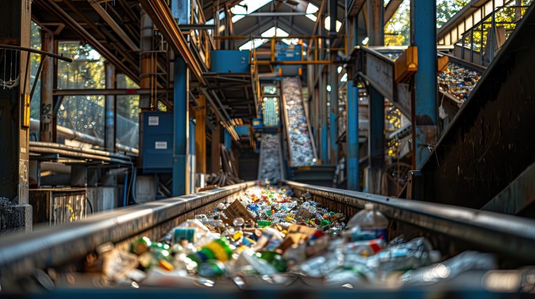 a waste treatment plant, showcasing a bustling glitch belt system for glass, metal, and paper recycling in an industrial setting, with a blue spiral conveyor line transporting plastic bottles.