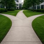 Pathway diverging in a green landscape beside modern buildings