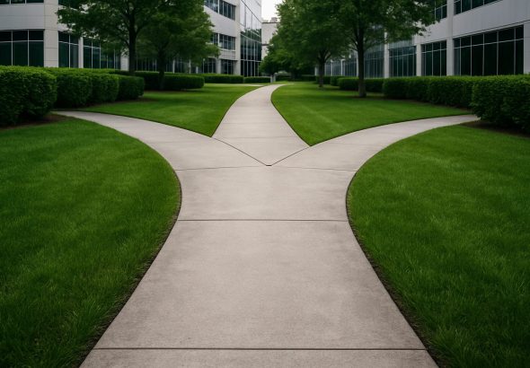 Pathway diverging in a green landscape beside modern buildings