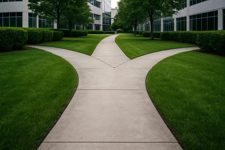 Pathway diverging in a green landscape beside modern buildings
