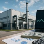 Industrial building with investment documents and laptop showing financial graphs