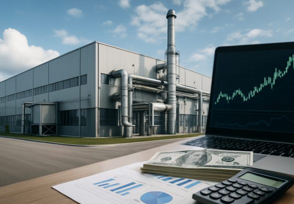 Industrial building with investment documents and laptop showing financial graphs