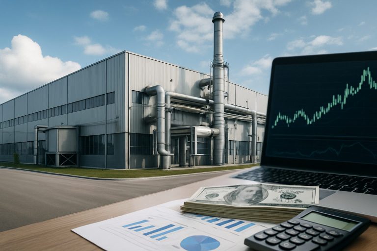 Industrial building with investment documents and laptop showing financial graphs