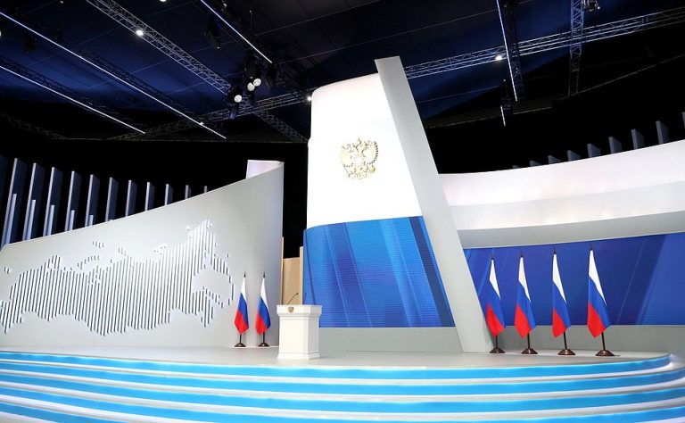 empty stage with flags and podium