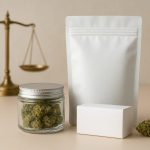 A glass jar filled with cannabis buds next to a white sealed pouch and a plain white box, with a golden scale in the bac