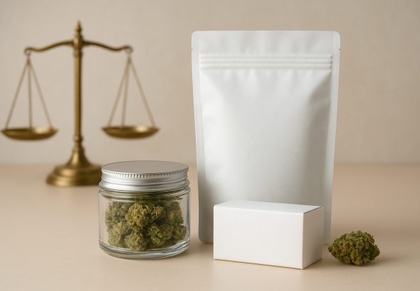 A glass jar filled with cannabis buds next to a white sealed pouch and a plain white box, with a golden scale in the bac