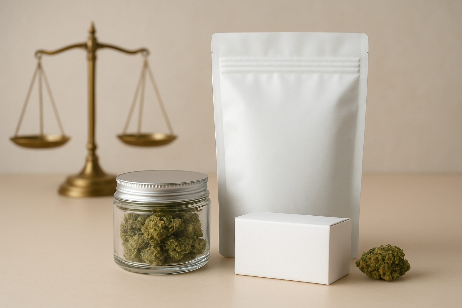 A glass jar filled with cannabis buds next to a white sealed pouch and a plain white box, with a golden scale in the bac