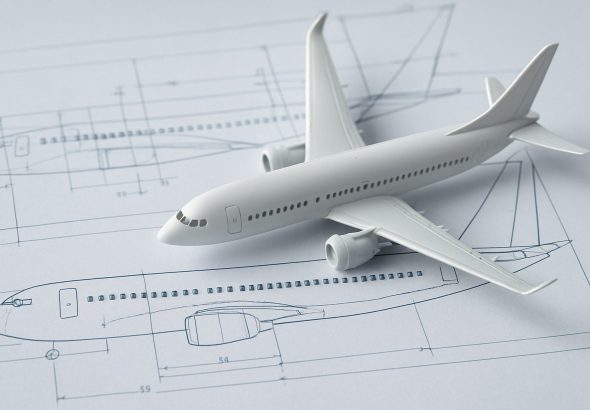 Model airplane on technical blueprint