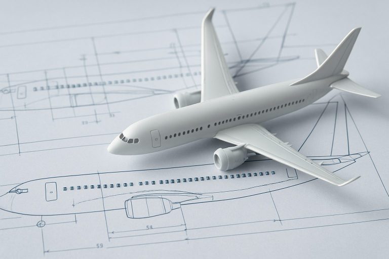 Model airplane on technical blueprint
