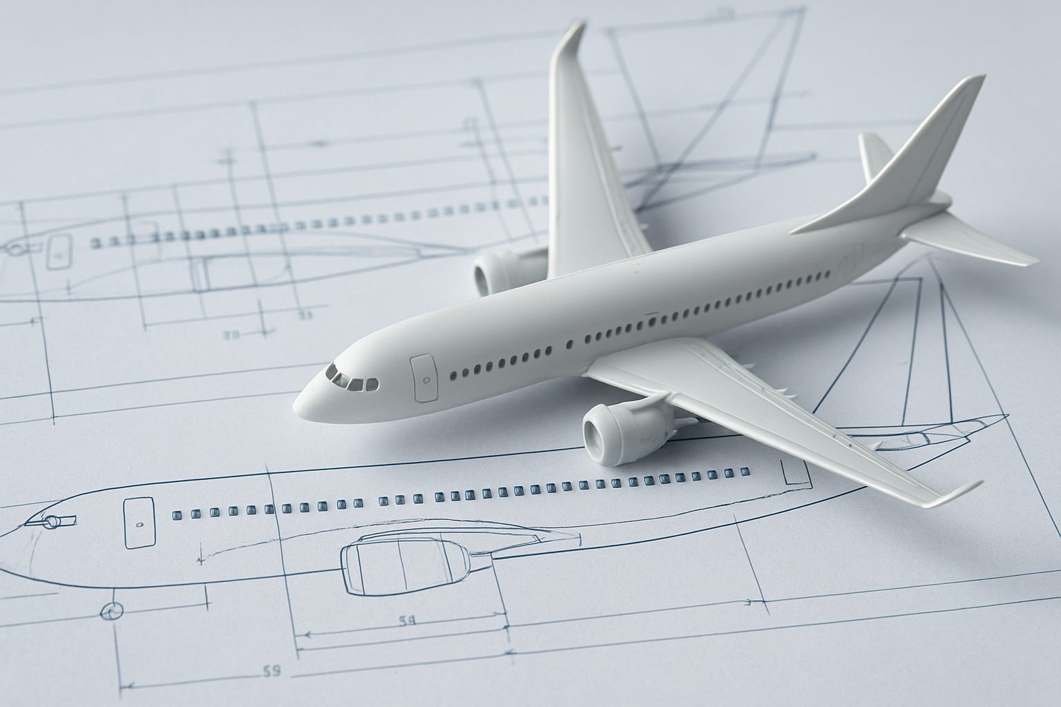 Model airplane on technical blueprint